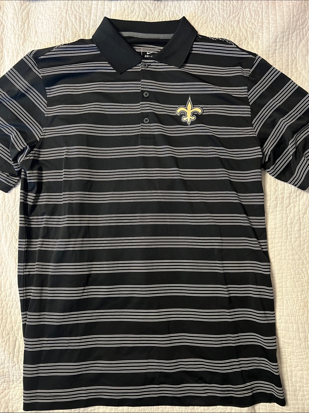 Nike Black and Gray Striped Polo with Gold Fleur-de-Lis Emblem